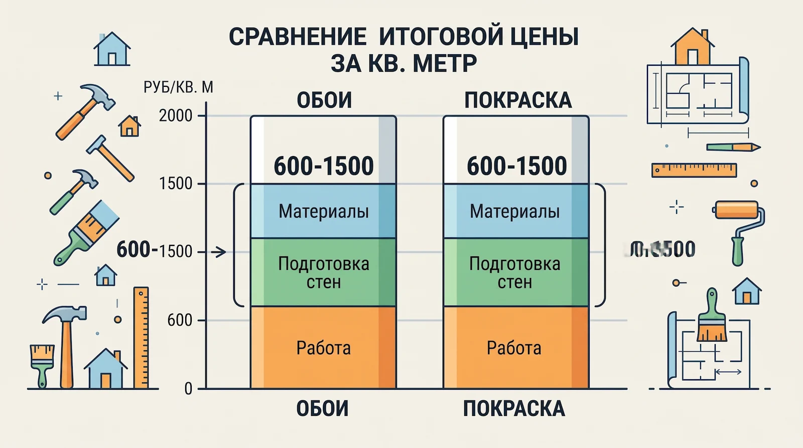 Цена за 1 м² под ключ: из чего складывается стоимость отделки обоями и покраской стен — материалы, подготовка, работы