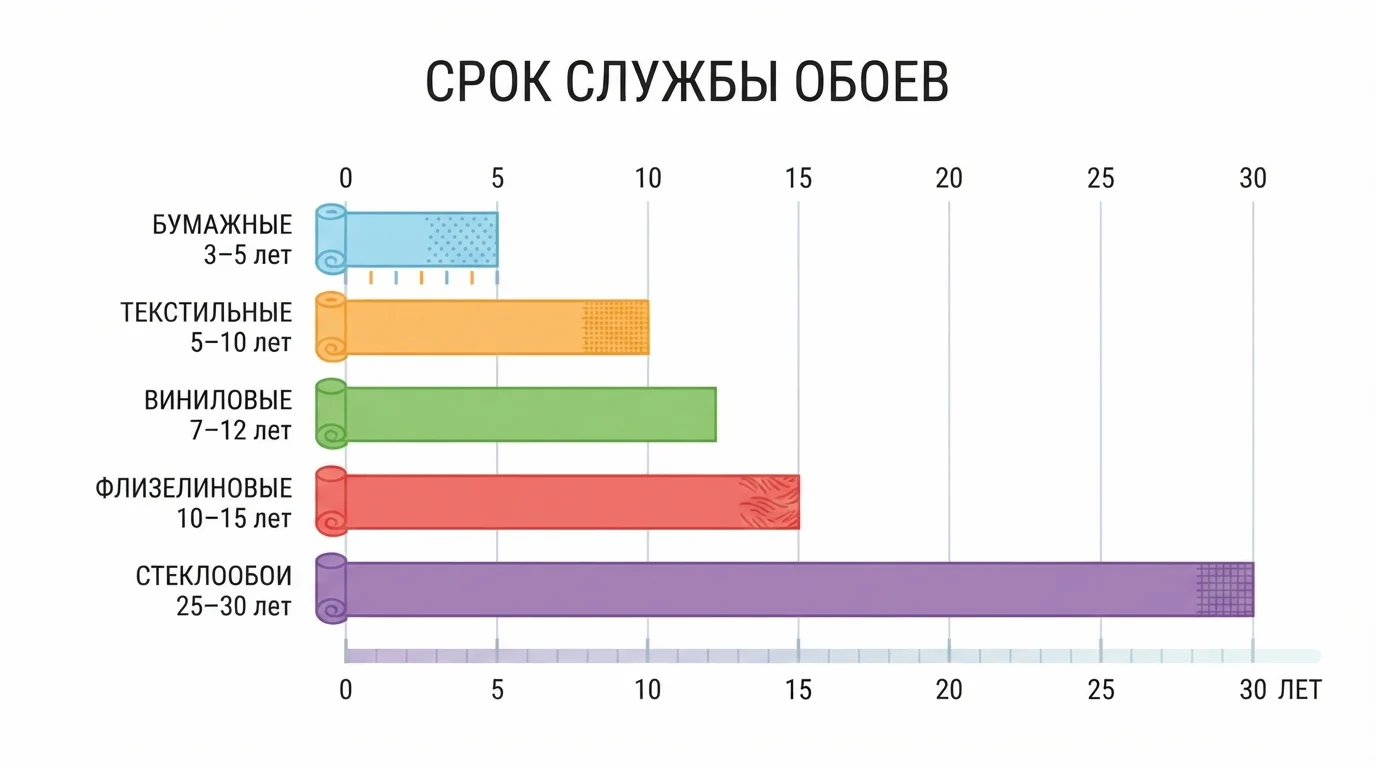 Срок службы обоев по видам: бумажные 3–5 лет, виниловые 7–12, флизелиновые 10–15, стеклообои до 30 лет