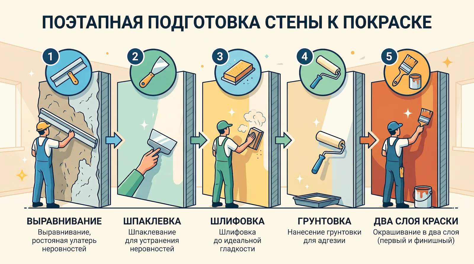 Подготовка стен под покраску в 5 этапов: выравнивание, шпаклевка, шлифовка, грунтовка и два слоя краски — до 70% сметы