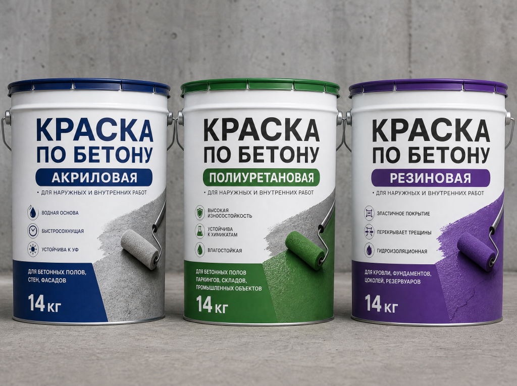 Выбор краски для бетонной дорожки: чем покрасить бетон на улице Ряд банок вёдер с краской по бетону разных видов.png